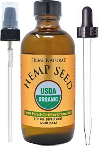 Prime Natural Organic Hemp Seed Oil 4oz – USDA Certified – Sativa Oil – Pure, Cold Pressed, Virgin, Unrefined, Vegan, Food Grade – High Omega 3 6 9 Fatty Acids – Good for Face, Body, Skin & Hair Care