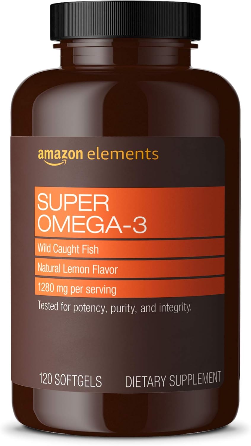 Amazon Elements Super Omega-3, Wild-Caught Fish Oil, Natural Lemon Flavor, EPA & DHA Omega-3 Fatty Acids, 1280 mg per Serving, 120 Softgels (Packaging may vary)