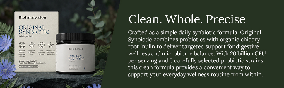 Plant-based synbiotic with organic chicory root inulin, 5 probiotic strains and 20 billion CFU.
