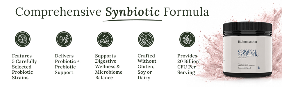 20 billion CFU probiotic prebiotic synbiotic supplement for digestive wellness and gut balance.